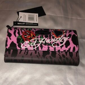 Ed Hardy Black & Pink Leopard Flap Clutch Wallet Rose Flaming Heart Tattoo NWT